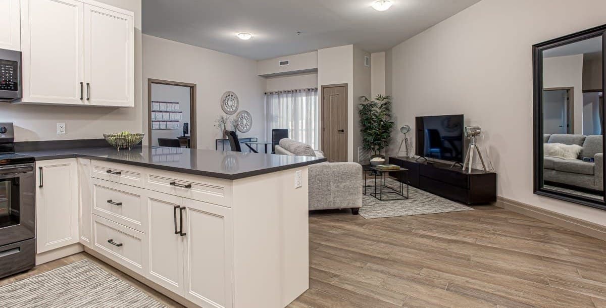 Open-plan penthouse kitchen and living area
