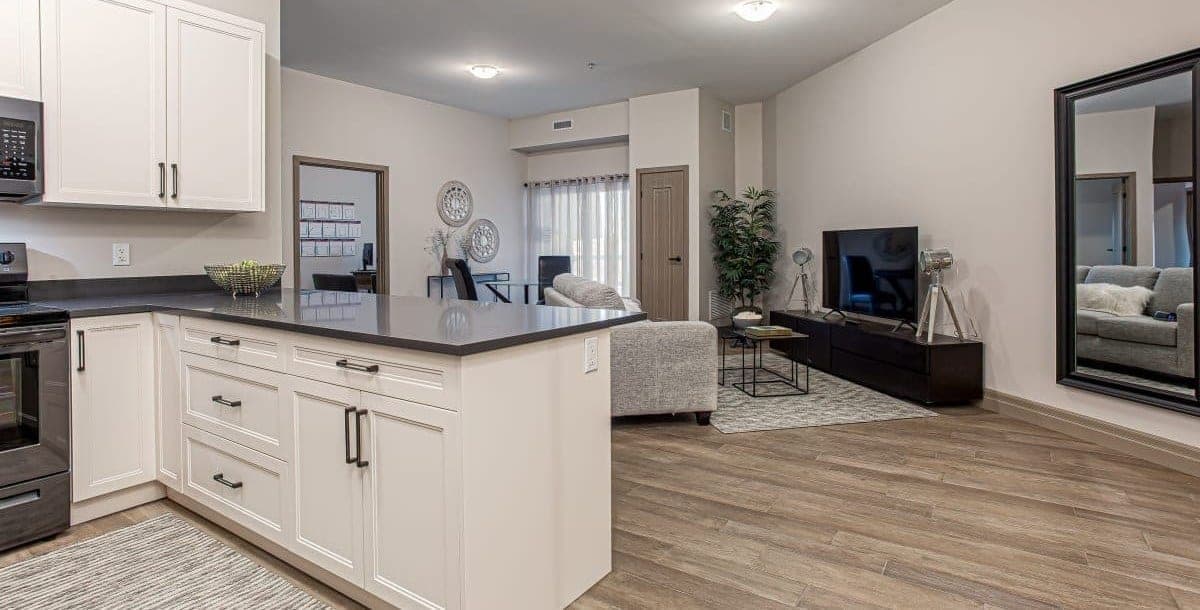 Open-plan penthouse kitchen and living area